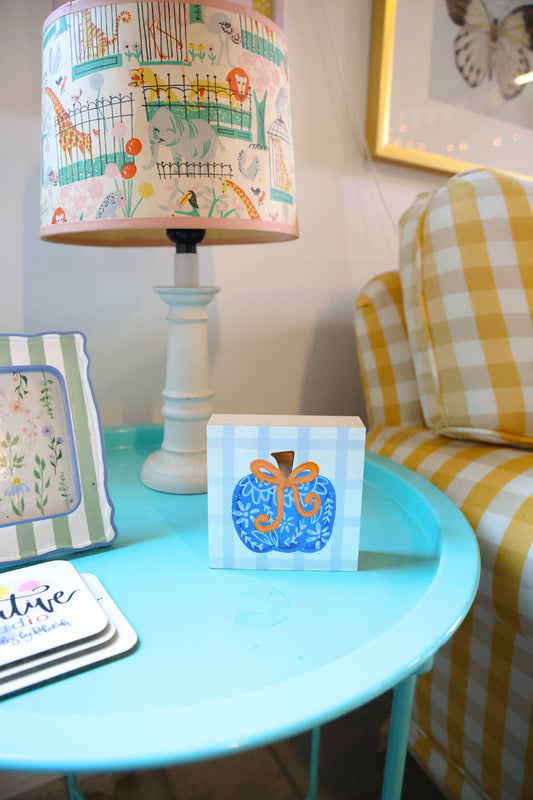 Blue Chinoiserie Bow Pumpkin 4x4 Block