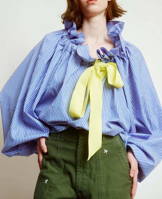 Oversize Ruffled Bow Striped Blouse-SkyBlue