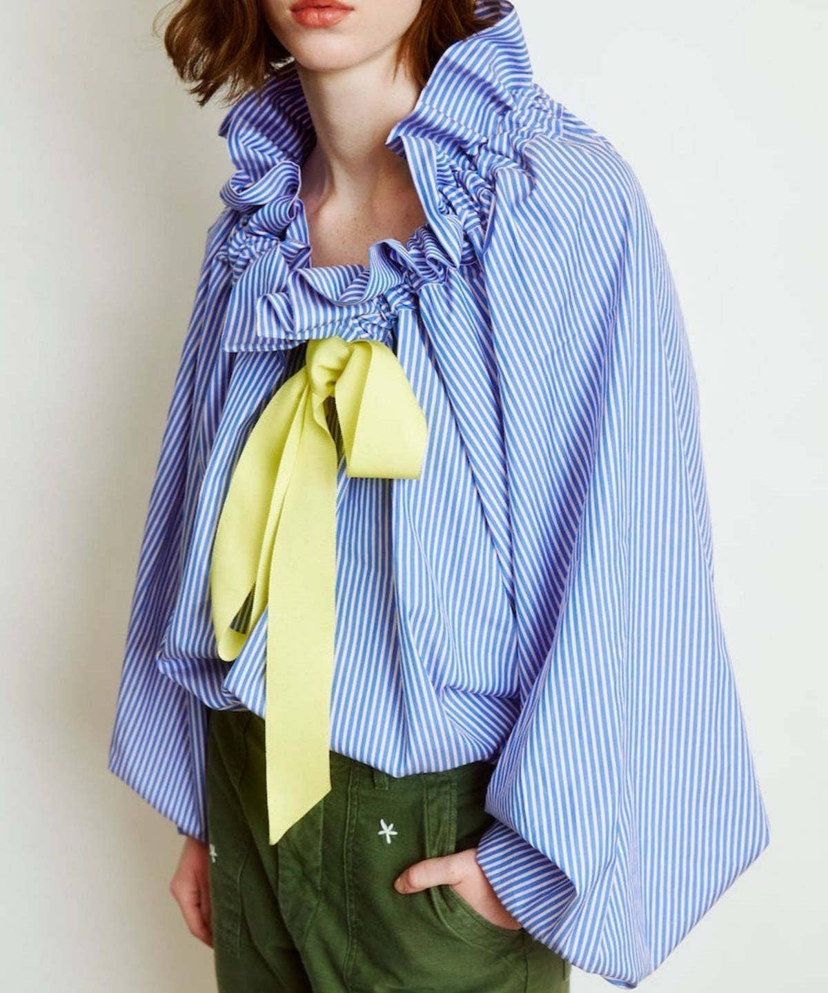 Oversize Ruffled Bow Striped Blouse-SkyBlue