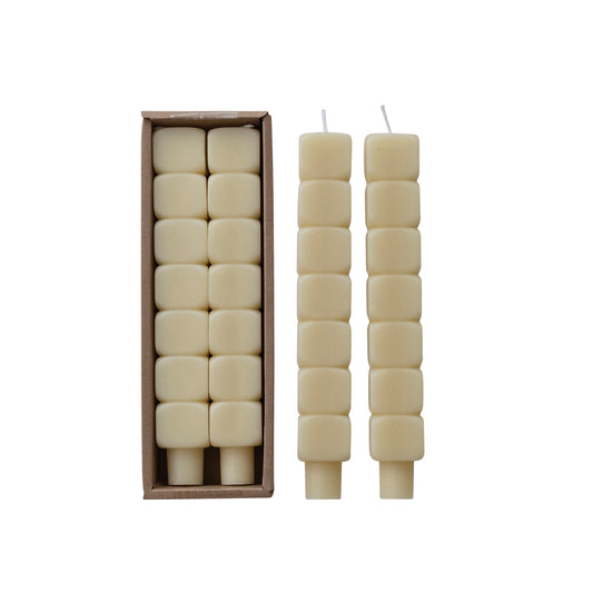 Unscented Stacked Blocks Shaped Taper Candles in Box, Cream Color, Set of 2
