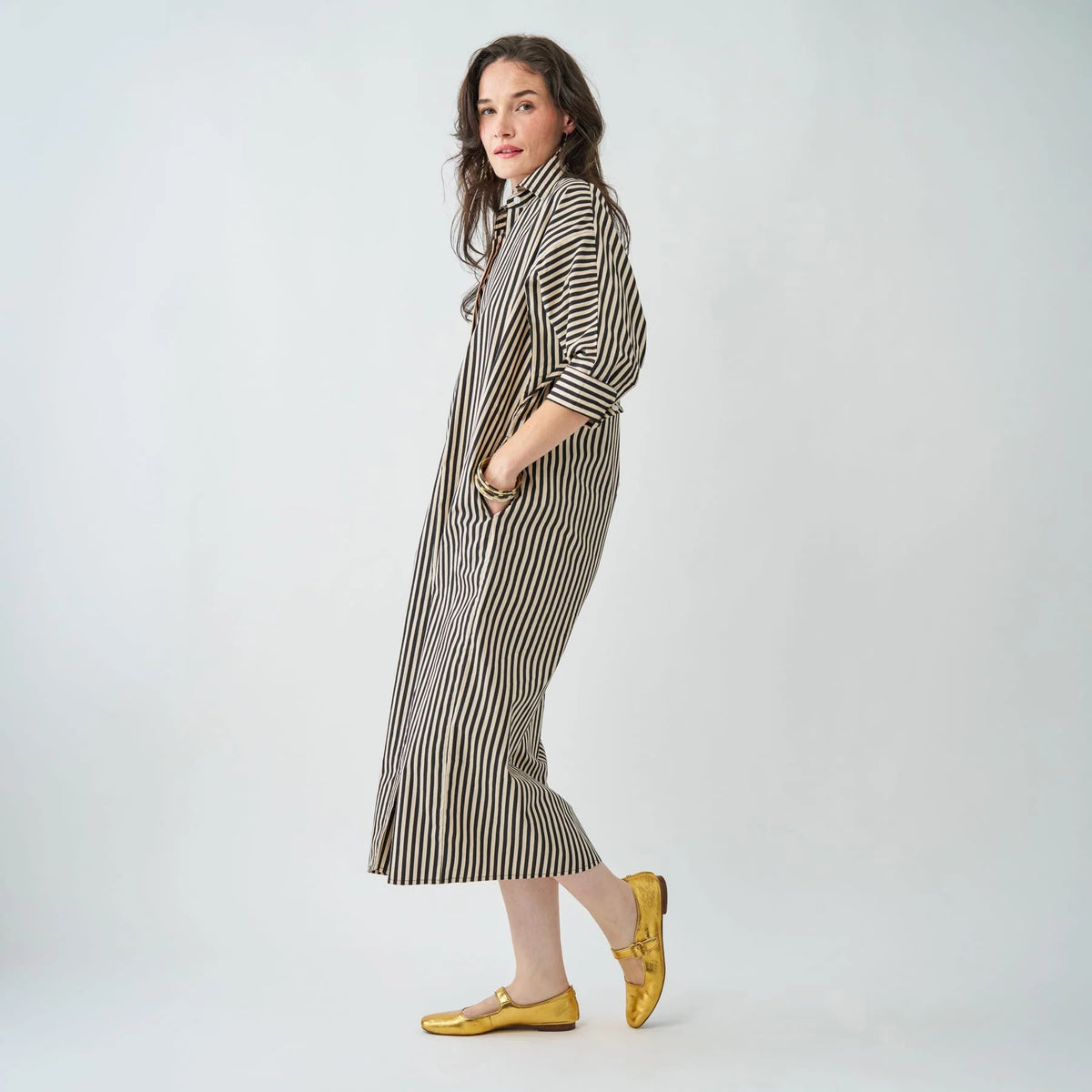 COLETTE SHIRTDRESS IN BLACK + CREAM STRIPE