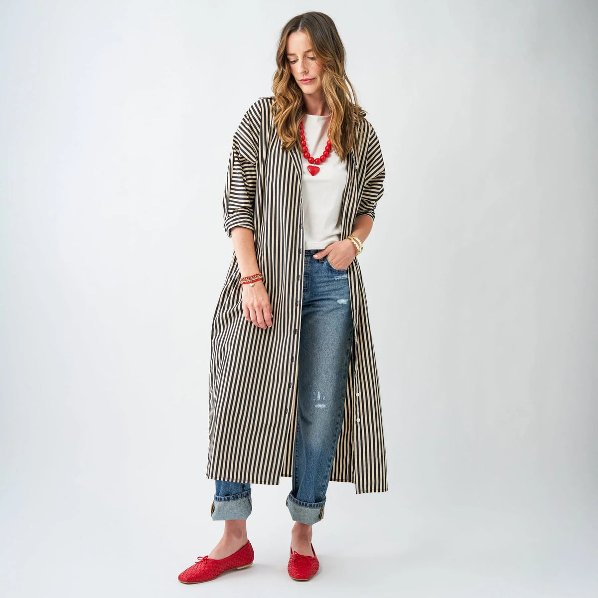 COLETTE SHIRTDRESS IN BLACK + CREAM STRIPE