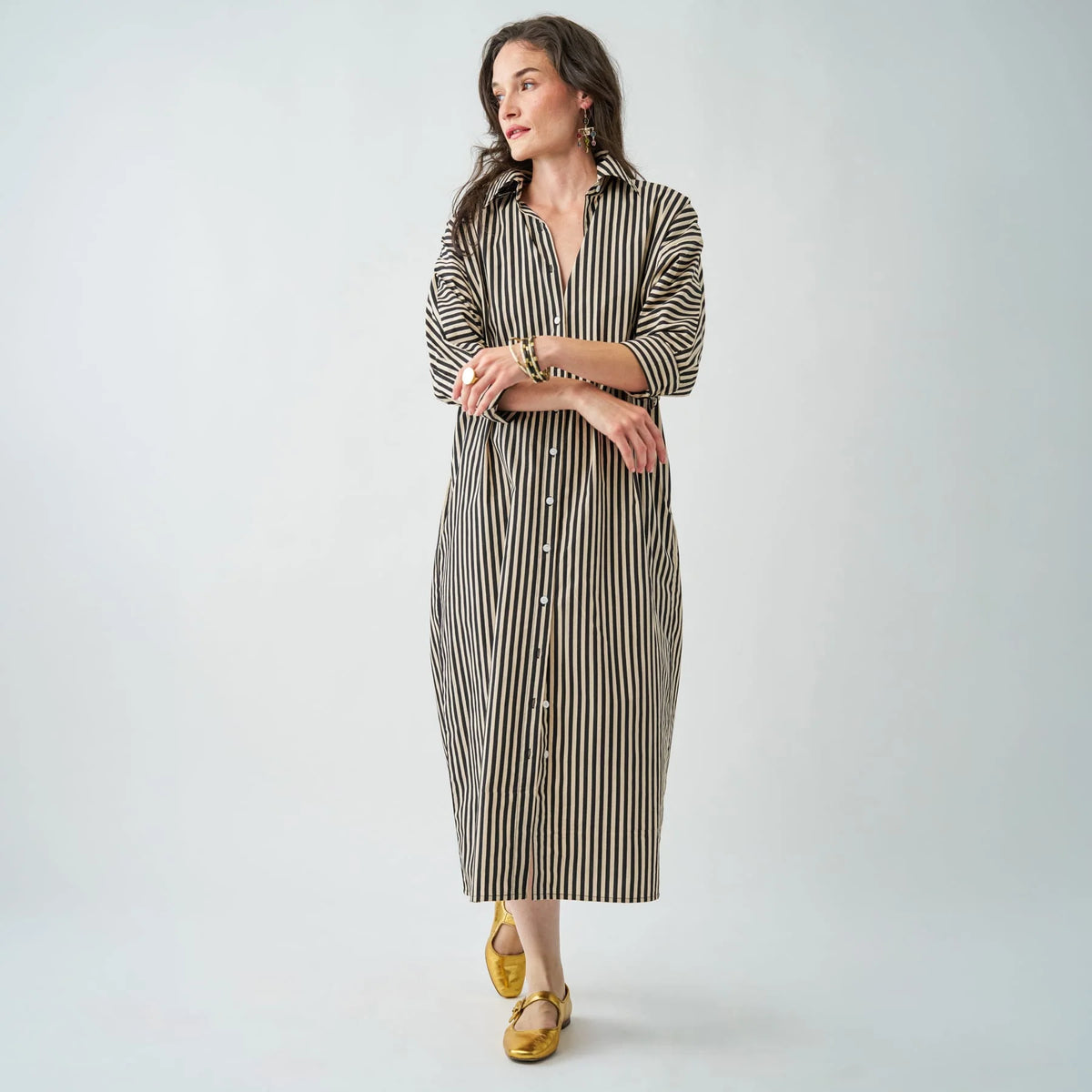 COLETTE SHIRTDRESS IN BLACK + CREAM STRIPE