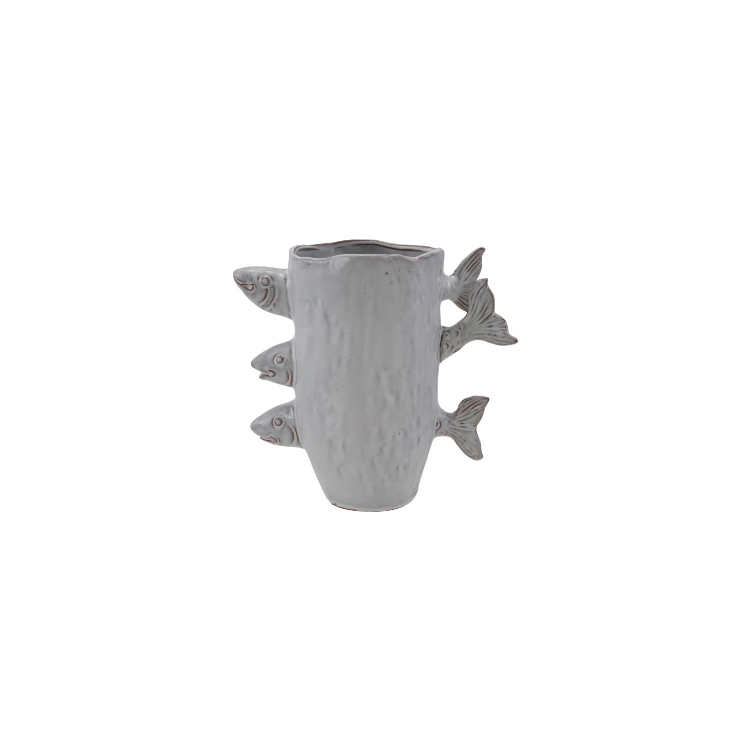 Stoneware Vase w/ 3D Fish, Reactive Glaze, White (Each One Will Vary)
