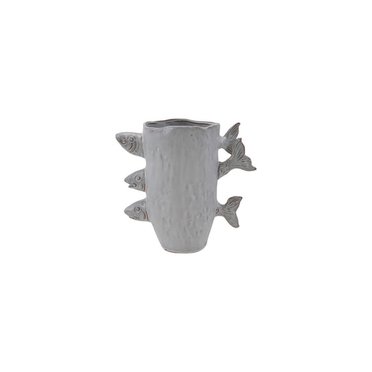 Stoneware Vase w/ 3D Fish, Reactive Glaze, White (Each One Will Vary)
