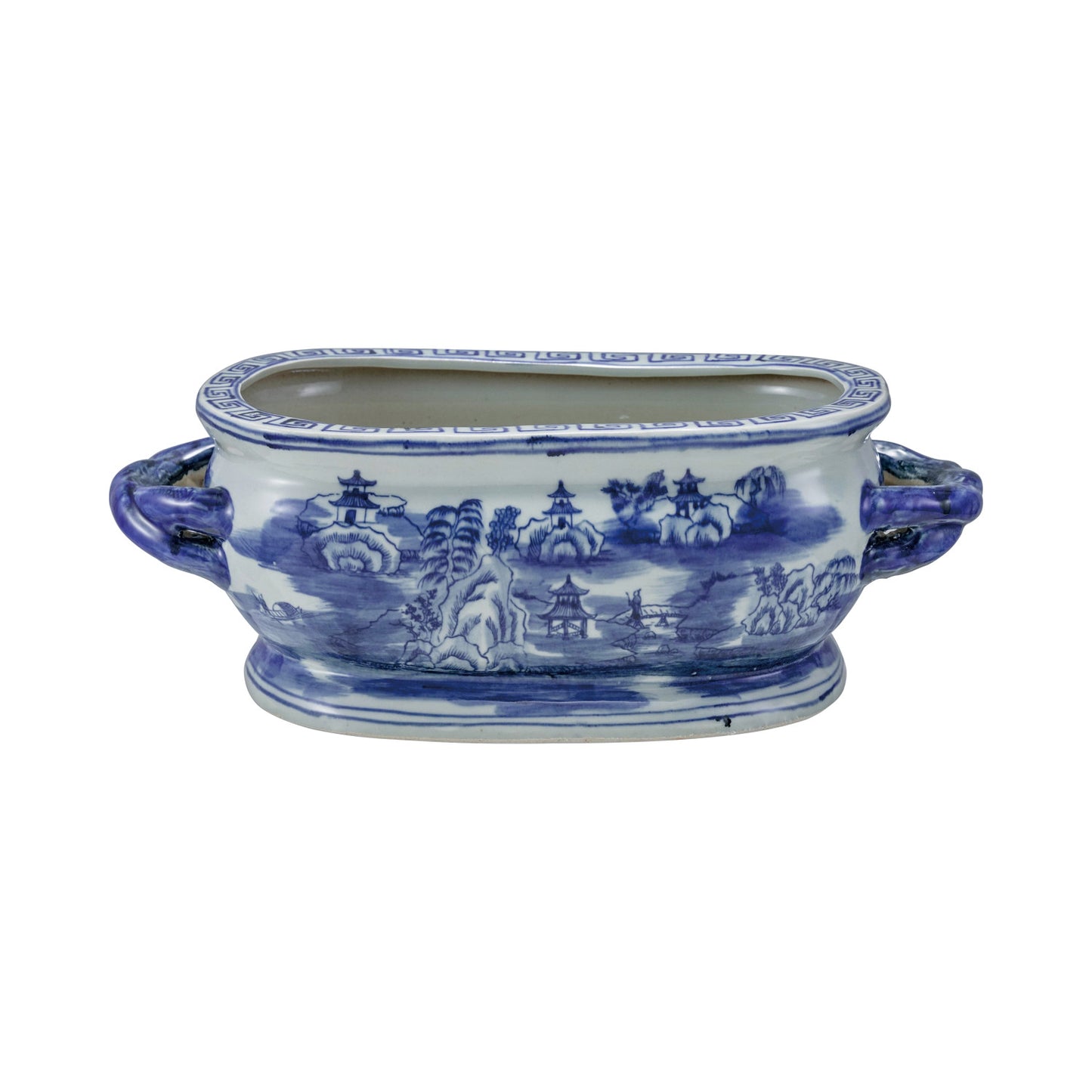Oval Hand-Painted Stoneware Vintage Reproduction Planter w/ Landscape & Handles