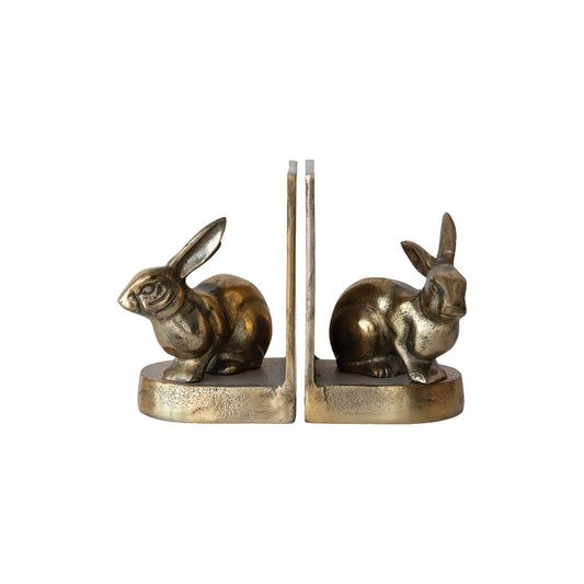 Cast Aluminum Rabbit Bookends, Antique Gold Finish, Set of 2