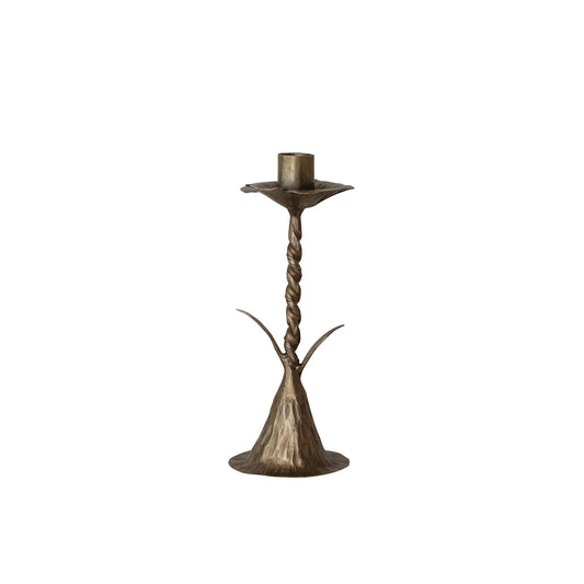 Hand-Forged Metal Twisted Stem Shaped Taper Holder, Antique Brass Finish