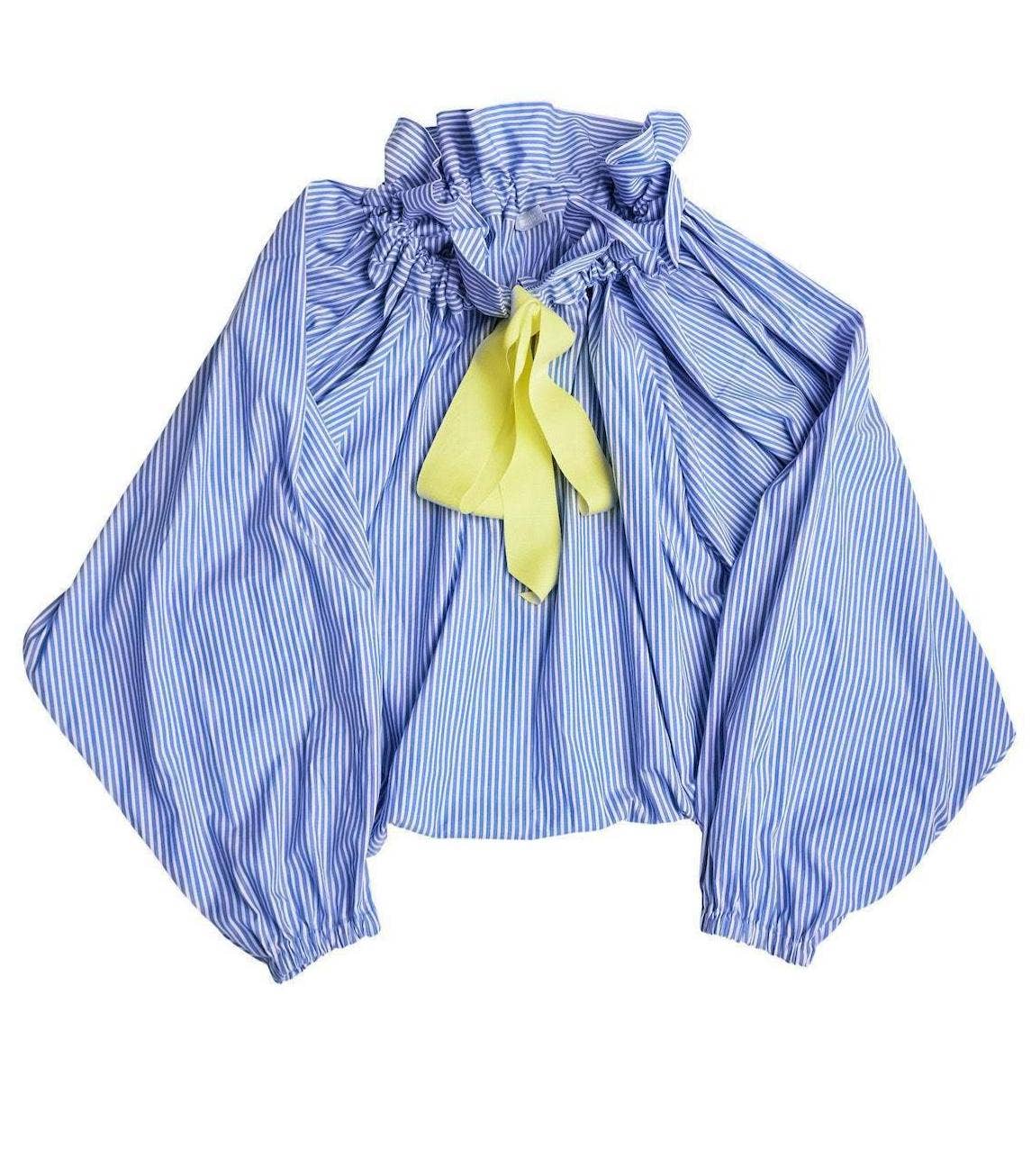 Oversize Ruffled Bow Striped Blouse-SkyBlue