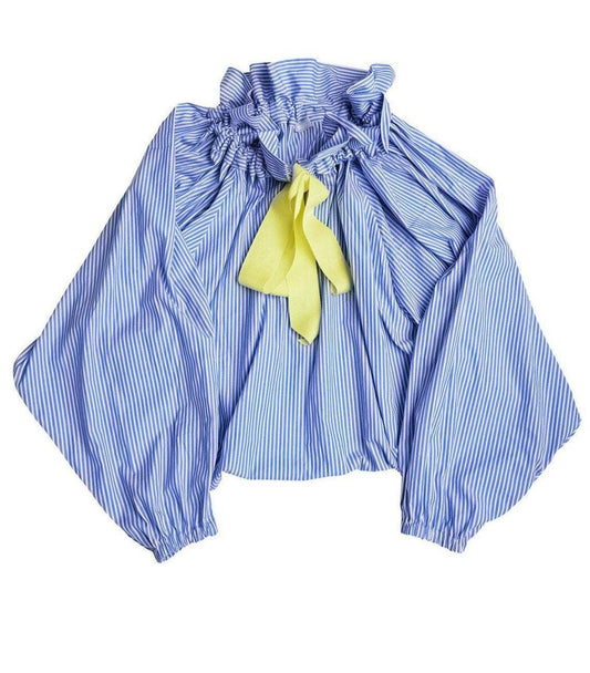 Oversize Ruffled Bow Striped Blouse-SkyBlue