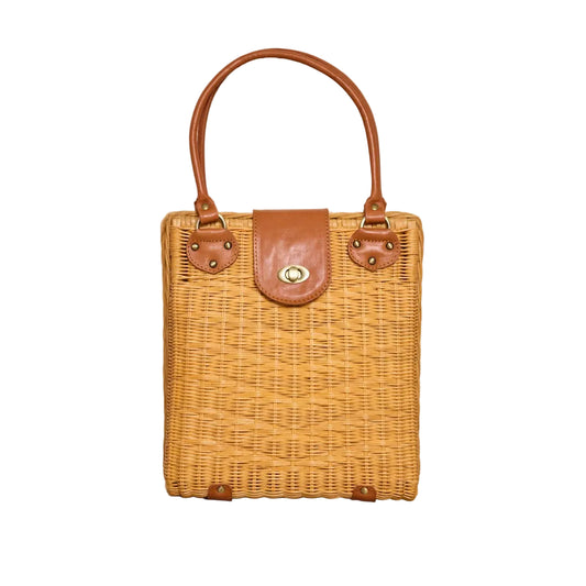 Large Rattan Handbag with Leather Flap Twist Closure