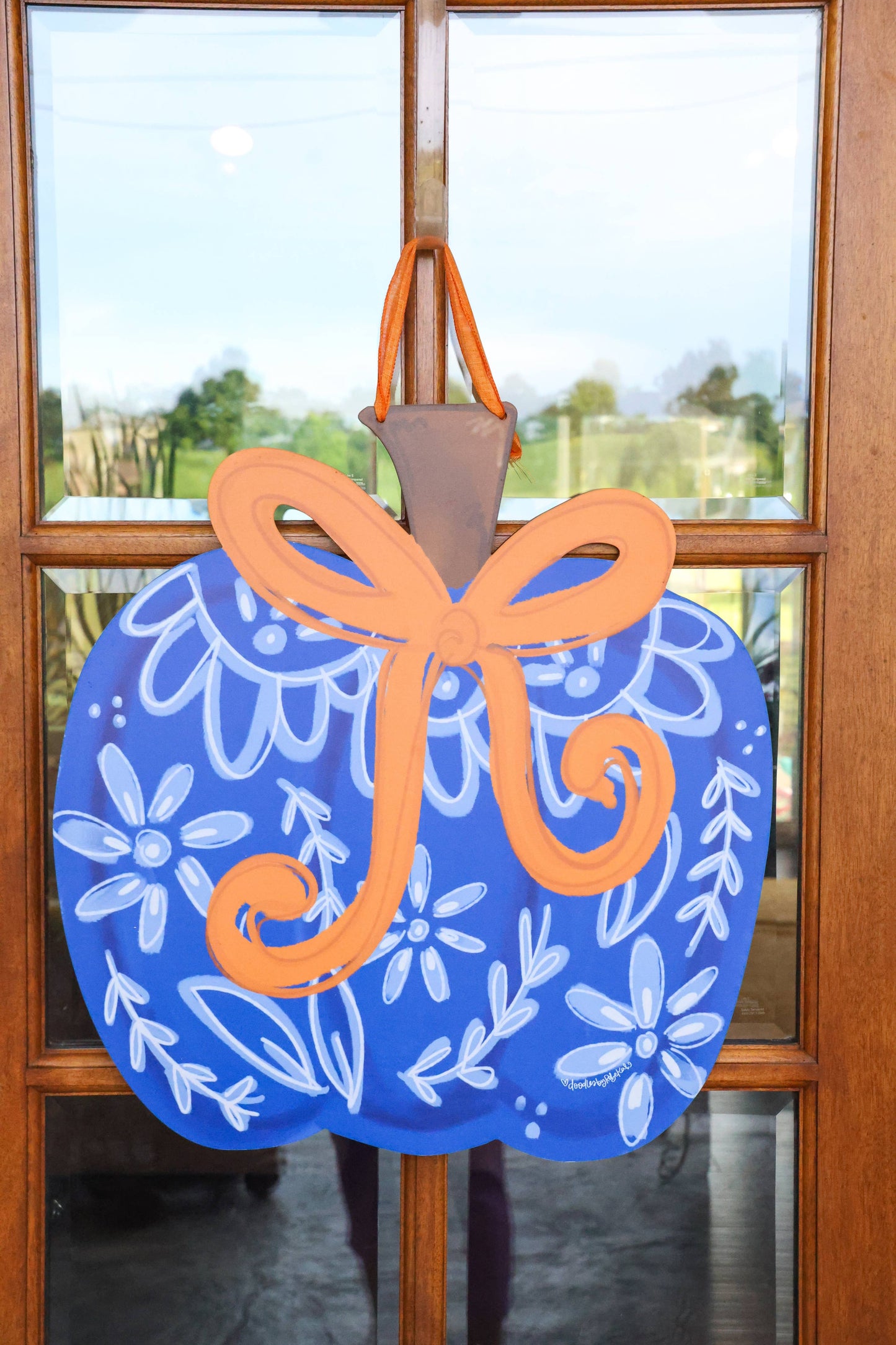 Blue Chinoiserie with Bow Pumpkin Doorhanger