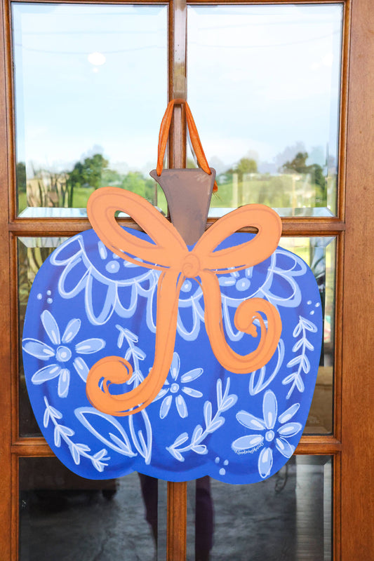 Blue Chinoiserie with Bow Pumpkin Doorhanger