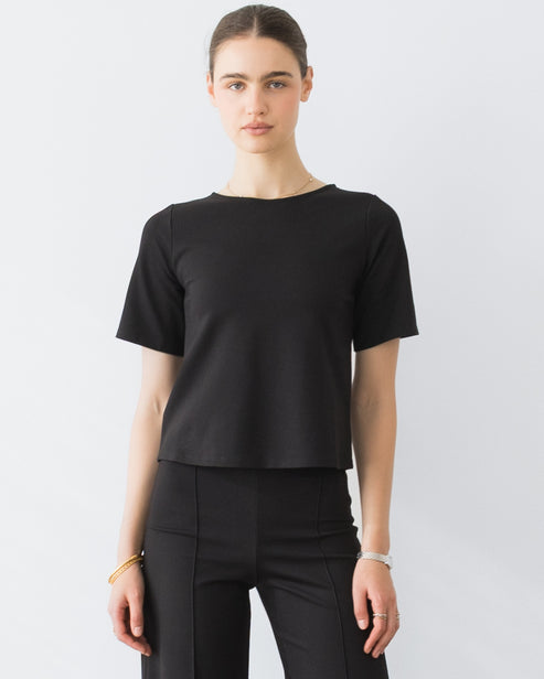 Black Ponte Knit Extended Short Sleeve Top