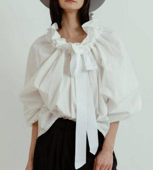 Oversize Ruffled Bow Shirt-White