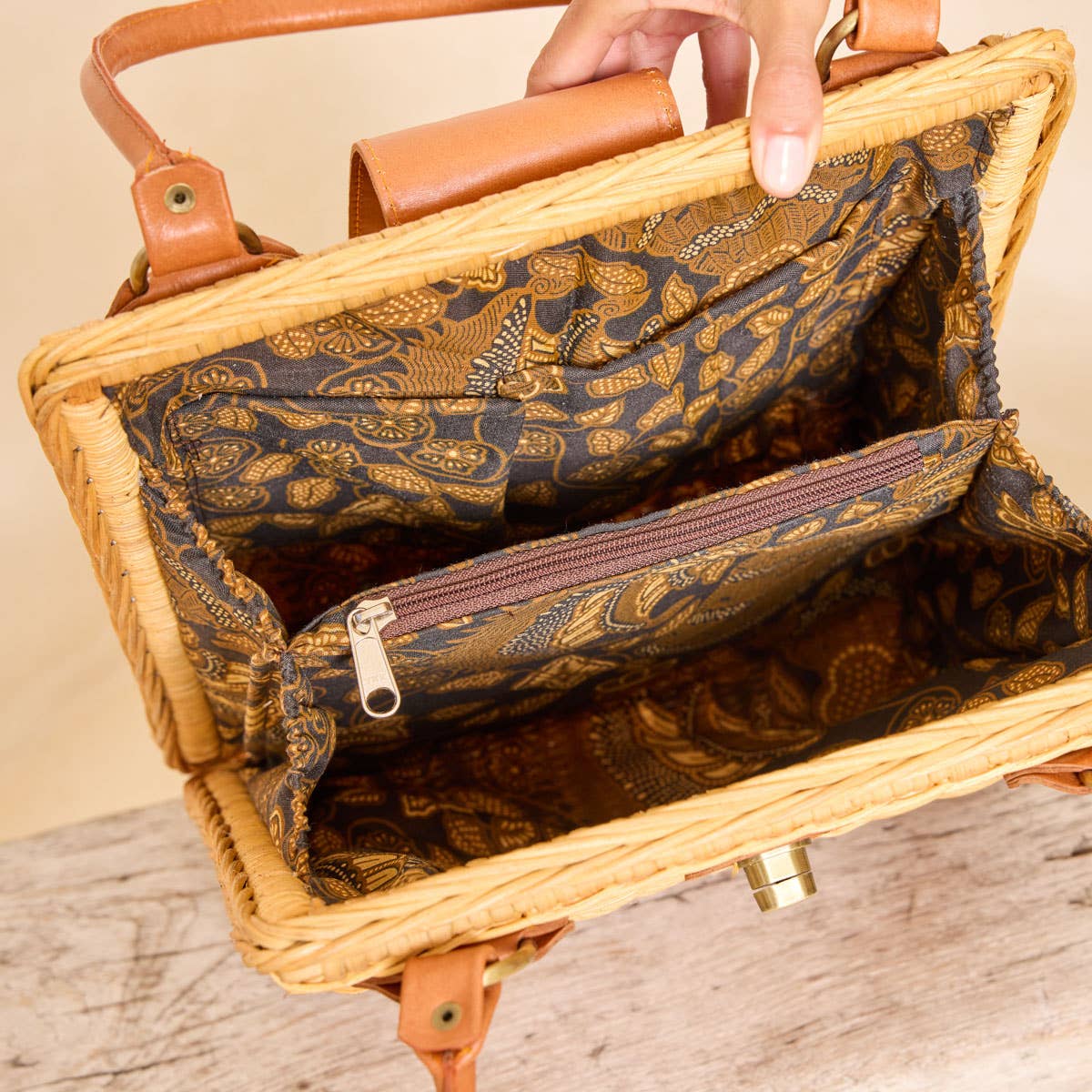 Large Rattan Handbag with Leather Flap Twist Closure