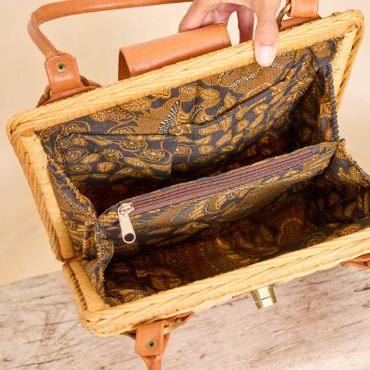 Large Rattan Handbag with Leather Flap Twist Closure