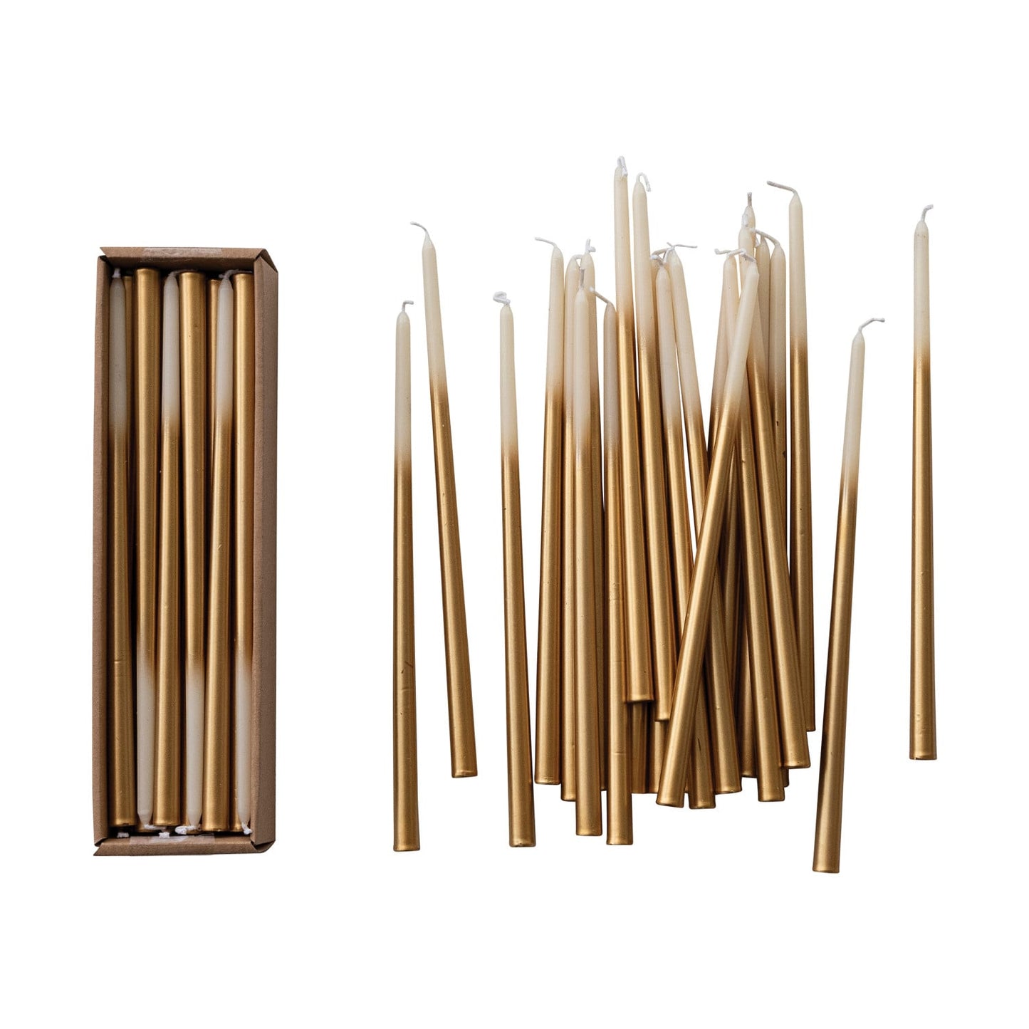 Two-Tone Thin Taper Candles in Box, Cream & Gold Color, Set of 24