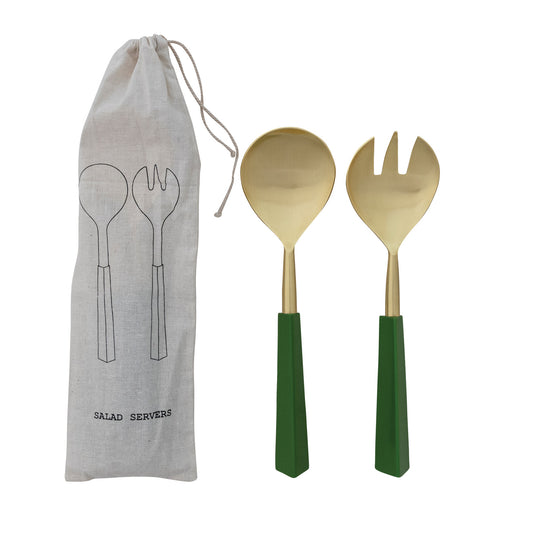 Stainless Steel Salad Servers with Resin Handles & Green, Set of 2 in Printed Drawstring Bag