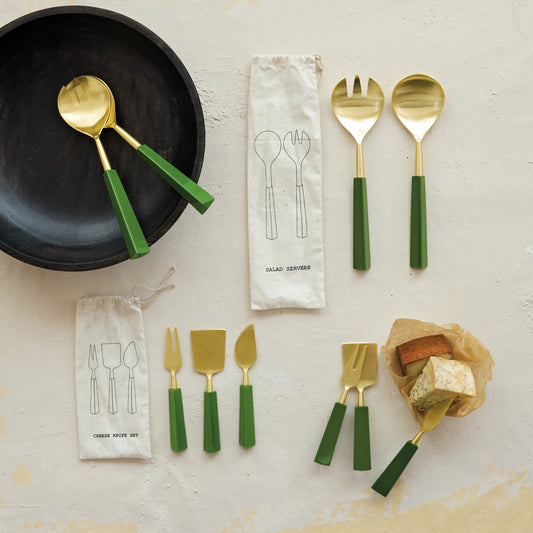 Stainless Steel Cheese Knives with Resin Handles & Green, Set of 3 in Printed Drawstring Bag
